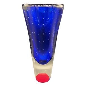 Heavy blue, red and clear vase with controlled bubbles. Possible Kosta Boda